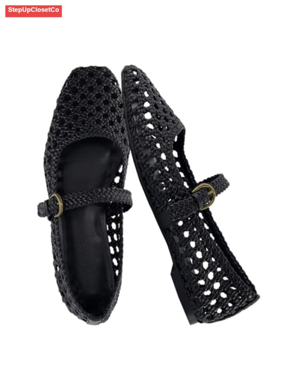Hand-Woven Vegan Leather Mary Jane Flats with Adjustable Buckle